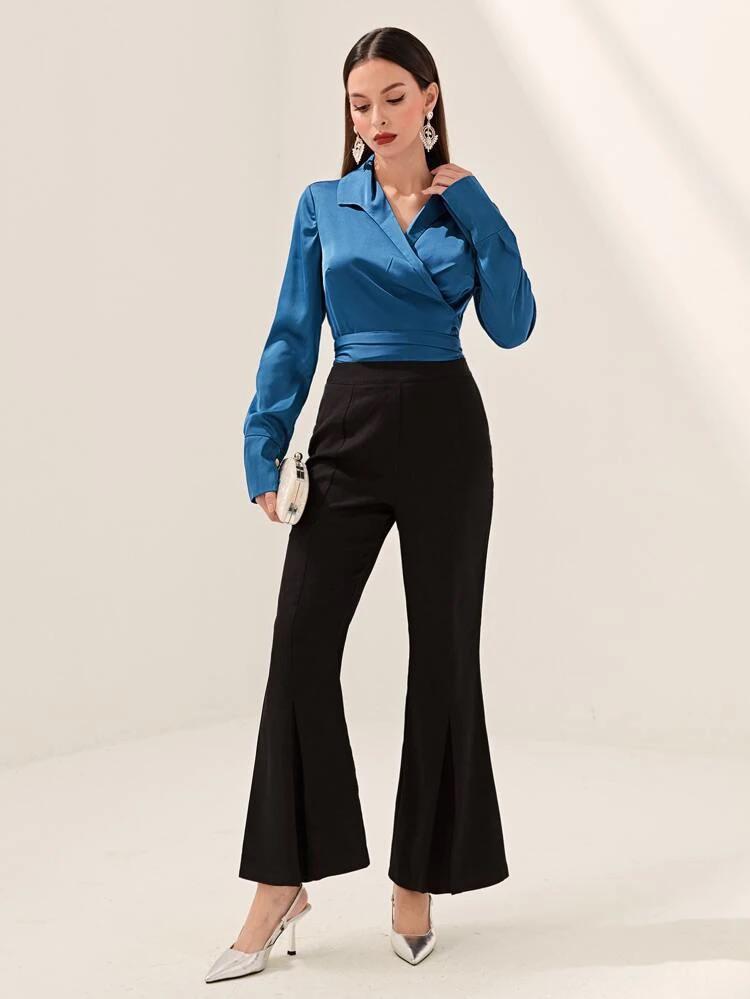 Lapel Neck Tie Back Wrap Blouse