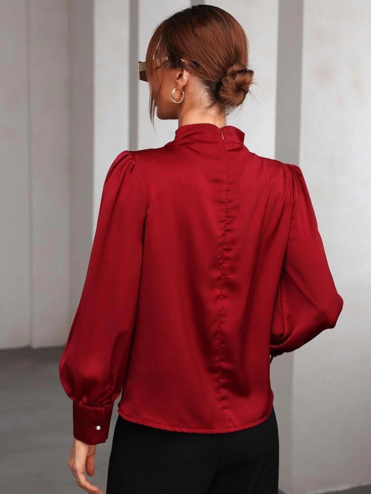 Mock Neck Puff Sleeve Satin Blouse