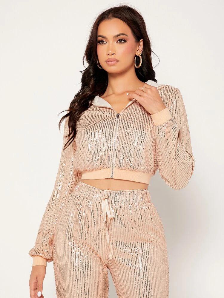 Zip Up Hooded Crop Sequins Jacket