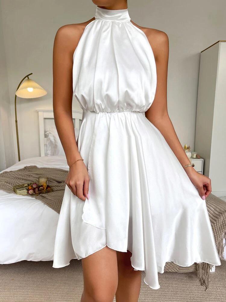 Tie Back Asymmetrical Hem Halter Satin Dress