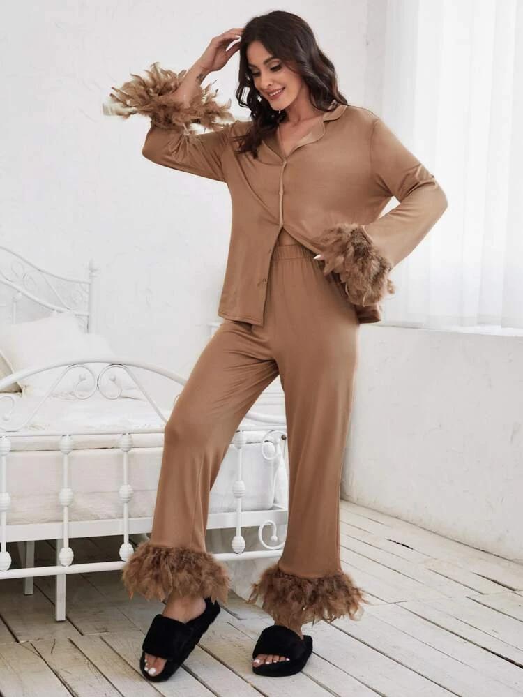 Solid Button Front Blouse & Fuzzy Trim Pants PJ Set