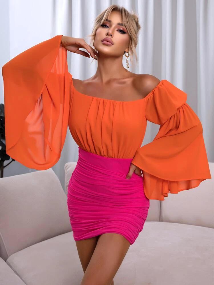 Two Tone Off Shoulder Flounce Sleeve Ruched Dress
