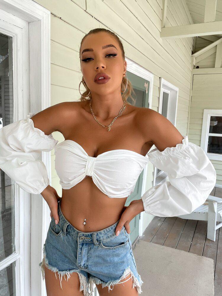 Off Shoulder Frill Trim Lantern Sleeve Crop Top freeshipping - Kendiee