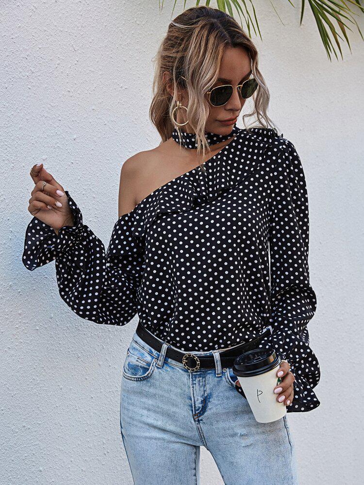 Polka Dot Asymmetrical Neck Ruffle Trim Blouse freeshipping - Kendiee