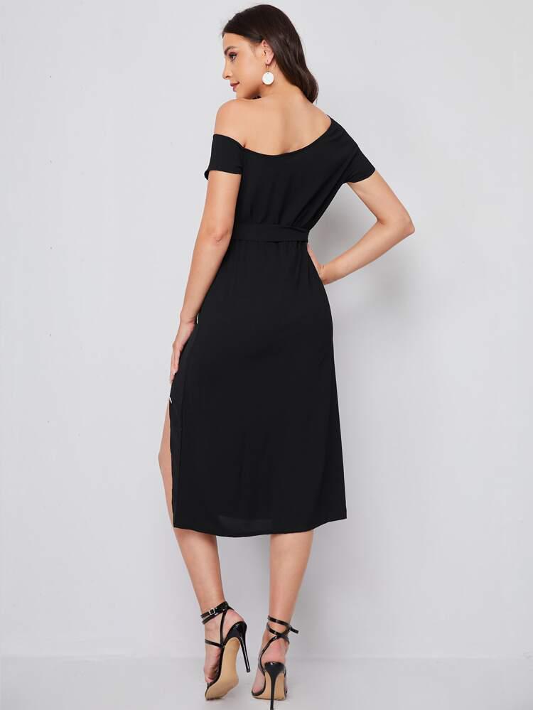 Asymmetrical Neck Belted Split Thigh Dress freeshipping - Kendiee