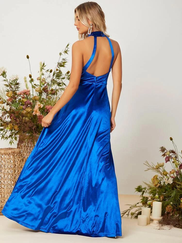 Backless Velvet Halter Prom Dress freeshipping - Kendiee