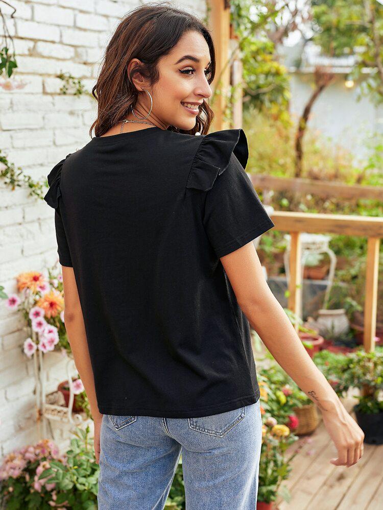 Ruffle Trim Pearls Front Tee freeshipping - Kendiee