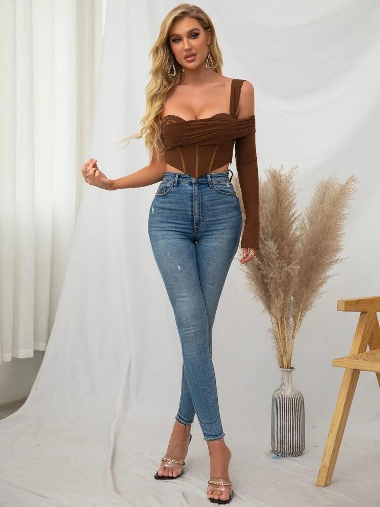 One Shoulder Hanky Hem Mesh Corset Top