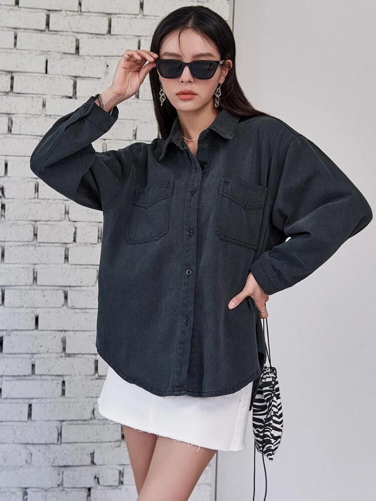 Patched Pocket Drop Shoulder Denim Top freeshipping - Kendiee