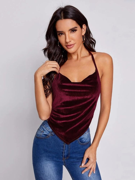 Draped Neck Hanky Hem Tied Back Velvet Halter freeshipping - Kendiee