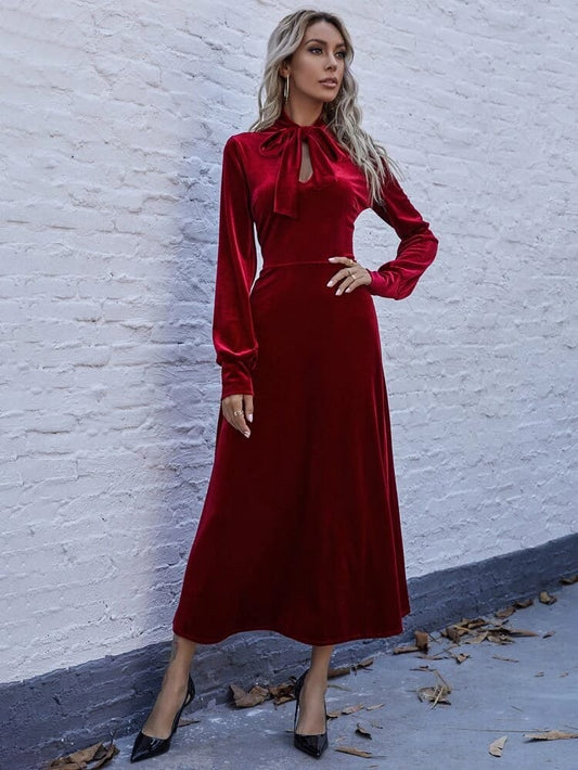 Tie Neck Velvet Dress freeshipping - Kendiee