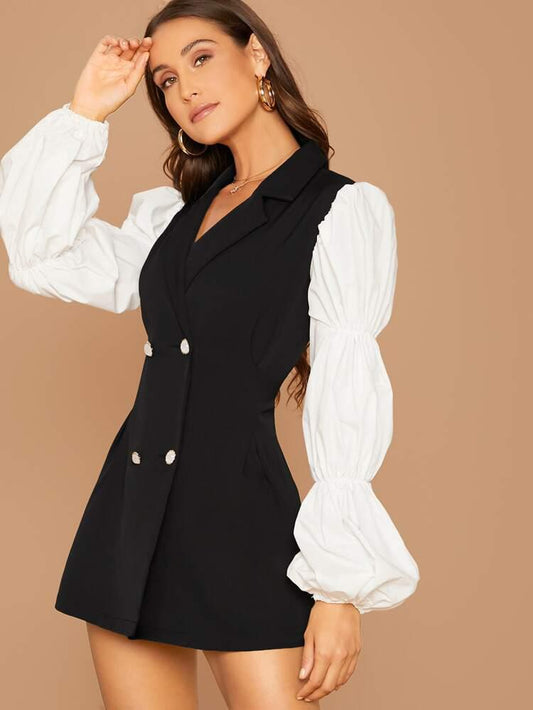 Contrast Lantern Sleeve Double Breasted Blazer Dress freeshipping - Kendiee