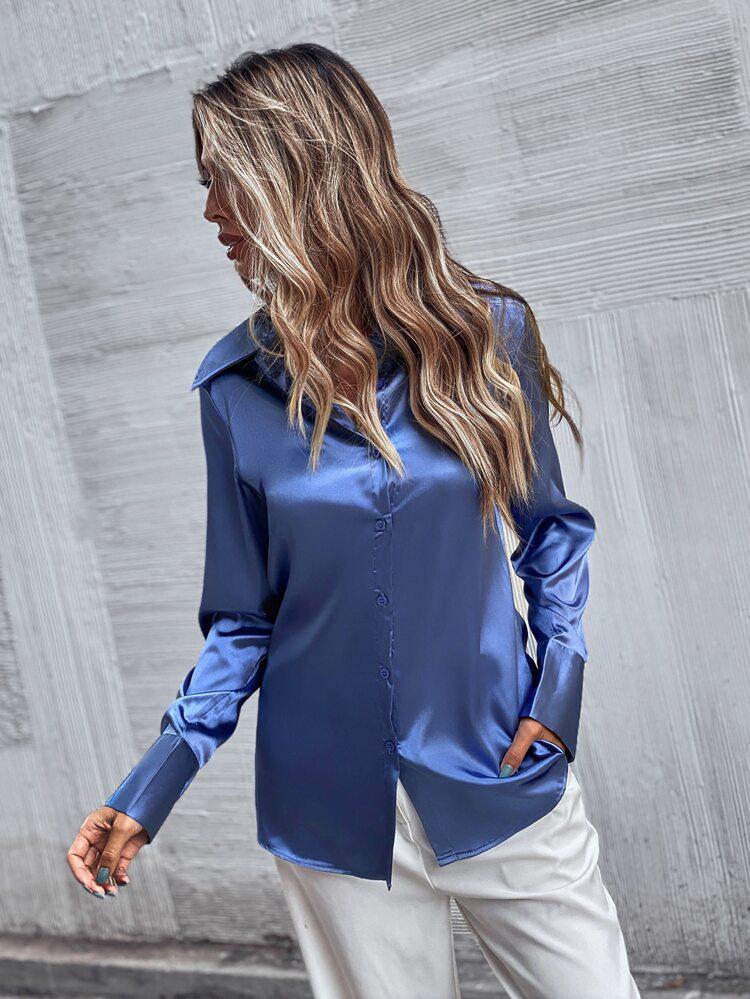 Satin Button Front Blouse freeshipping - Kendiee