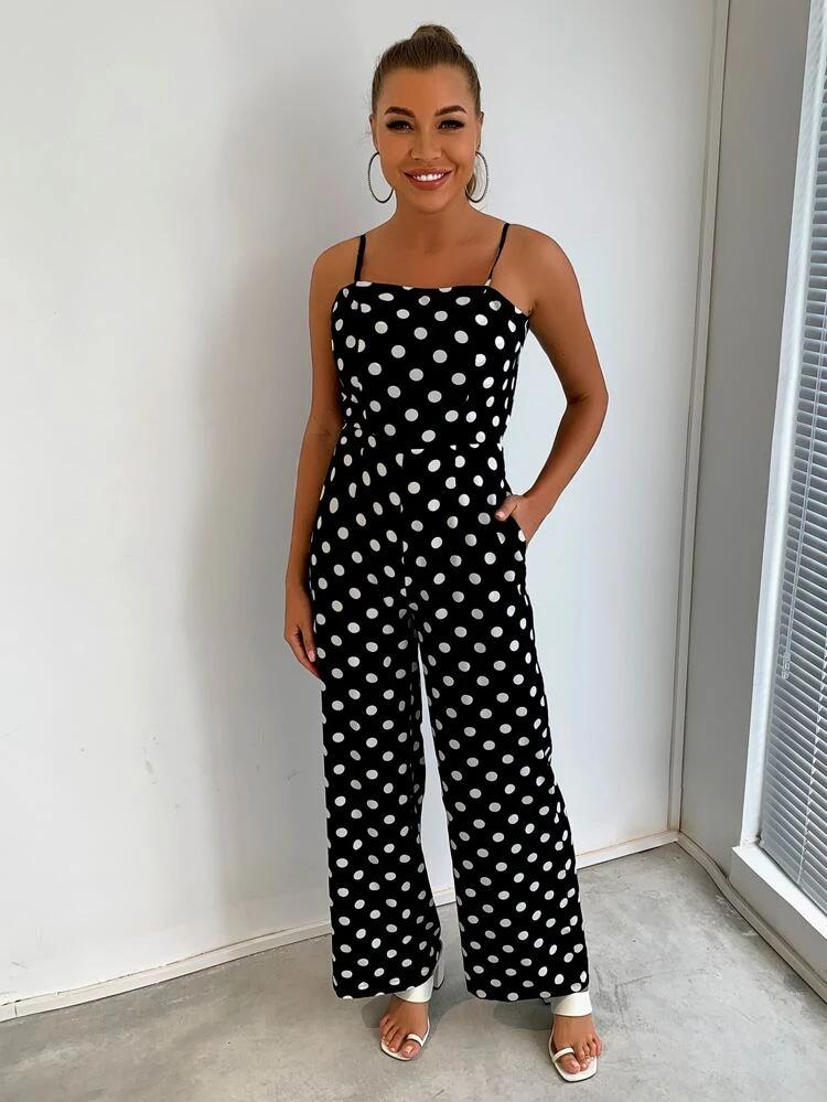 Polka Dot Print Tie Back Cami Jumpsuit freeshipping - Kendiee