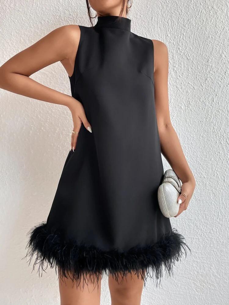 Stand Neck Fuzzy Trim Dress