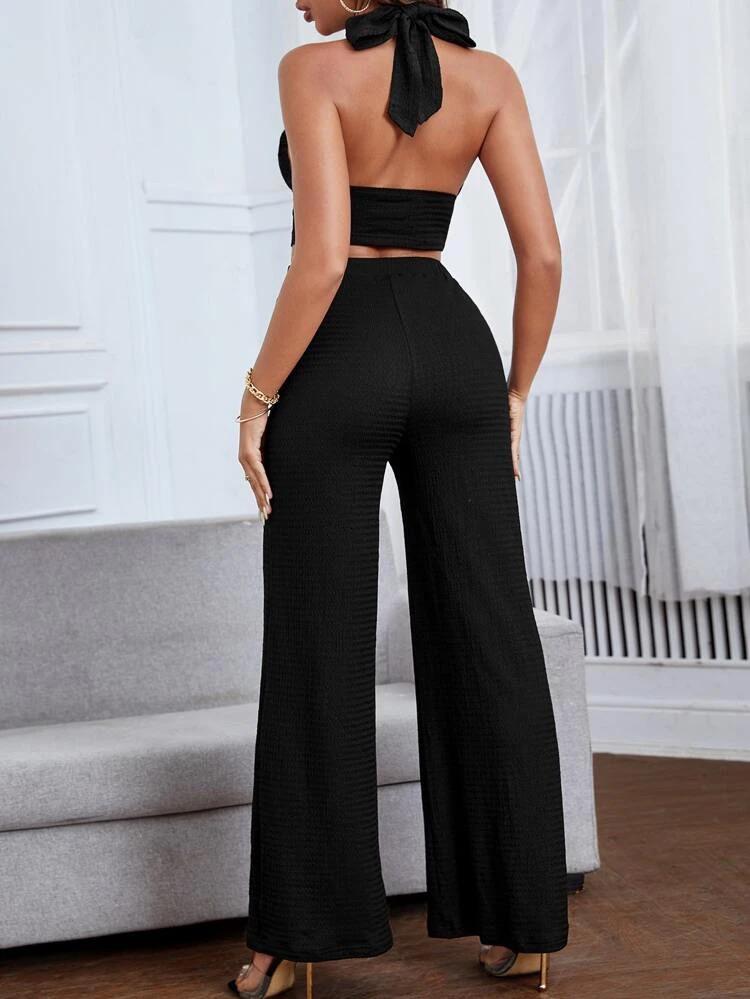 Cross Wrap Crop Halter Top & Wide Leg Pants