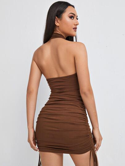 Cross Wrap Drawstring Ruched Halter Dress freeshipping - Kendiee