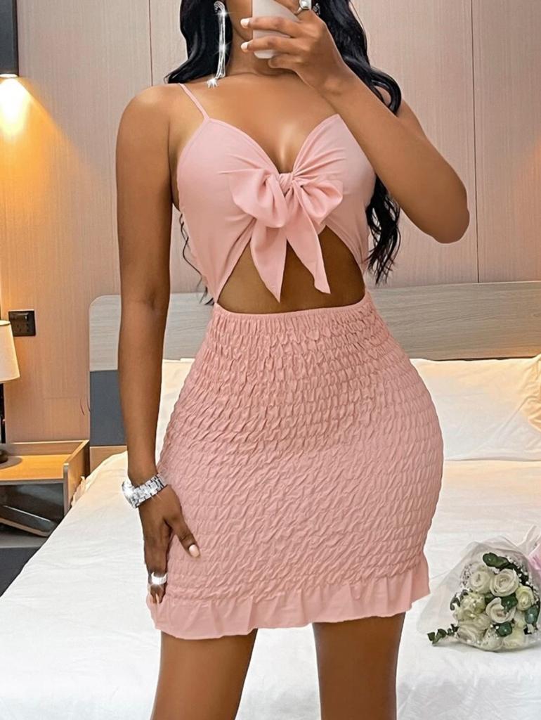 Knot Front Cut Out Shirred Ruffle Hem Cami Dress