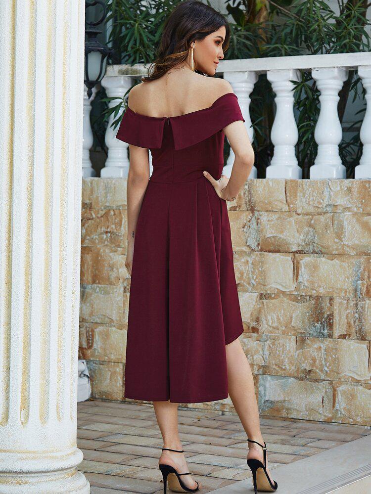 Off Shoulder High Low Hem Dress freeshipping - Kendiee