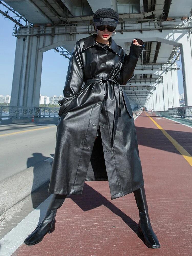 Raglan Sleeve Belted PU Leather Coat freeshipping - Kendiee