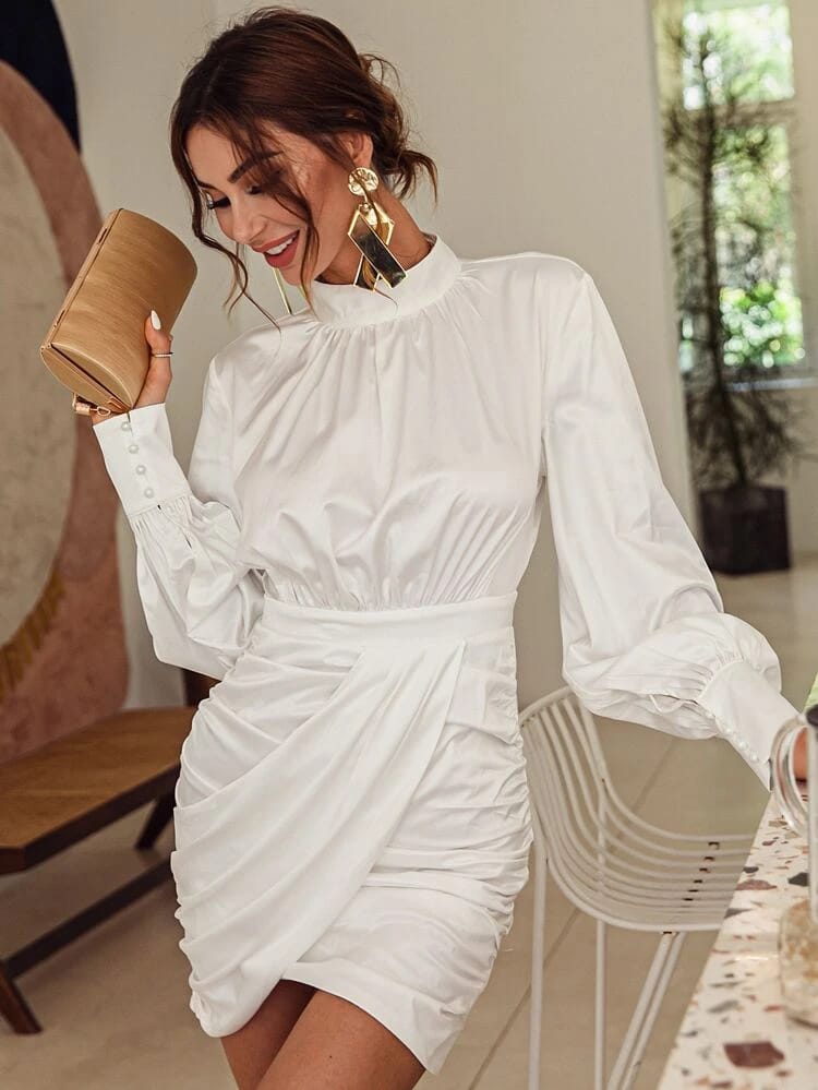 Mock Neck Lantern Sleeve Ruched Dress freeshipping - Kendiee