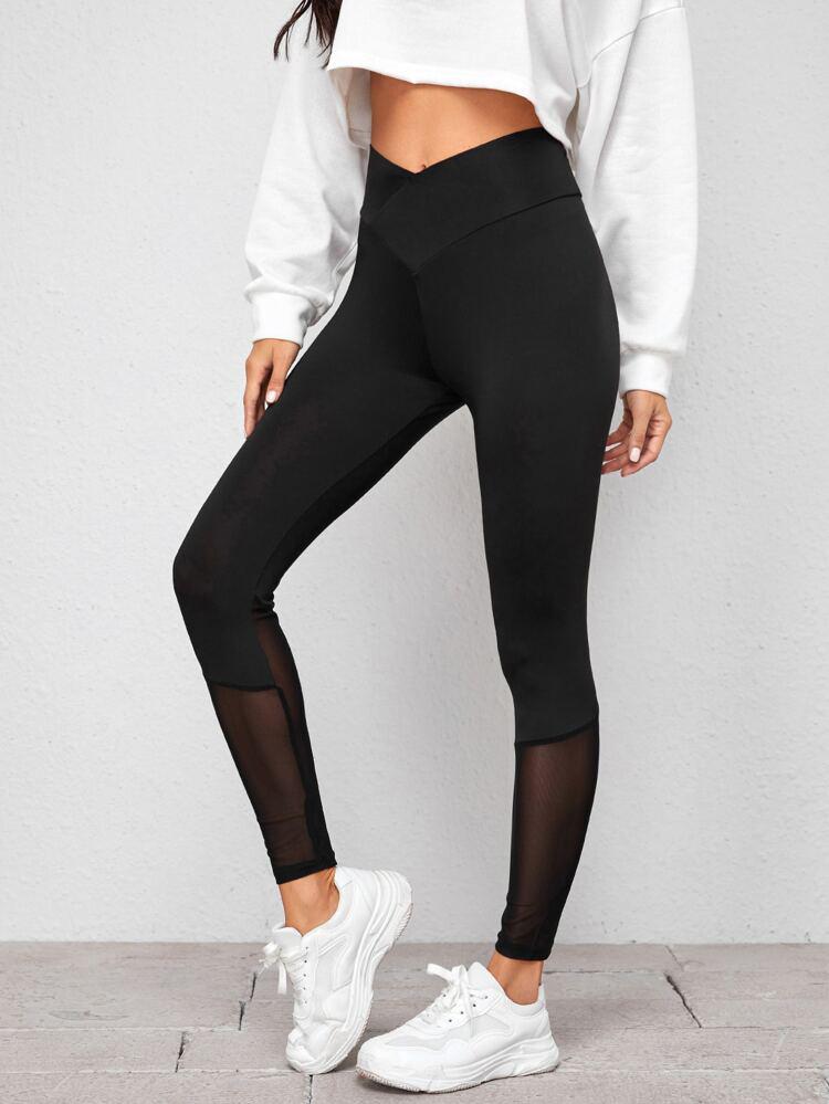 Contrast Mesh Wideband Waist Leggings freeshipping - Kendiee