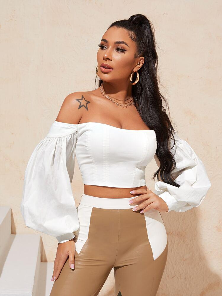 Off Shoulder Lantern Sleeve Crop Top freeshipping - Kendiee