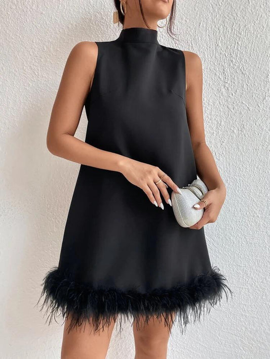 Stand Neck Fuzzy Trim Dress