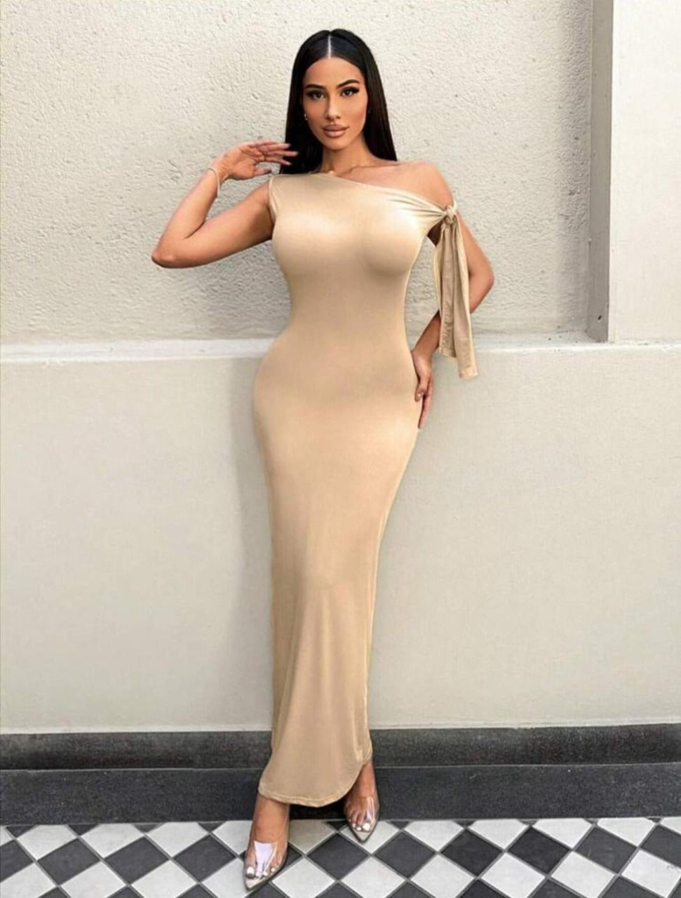 Side Tie Asymmetrical Neck Fishtail Bodycon Dress