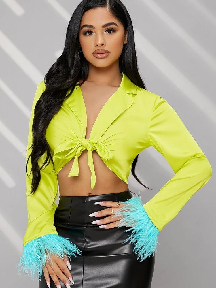 Neon Lime Tie Front Faux Feather Cuff Stain Top