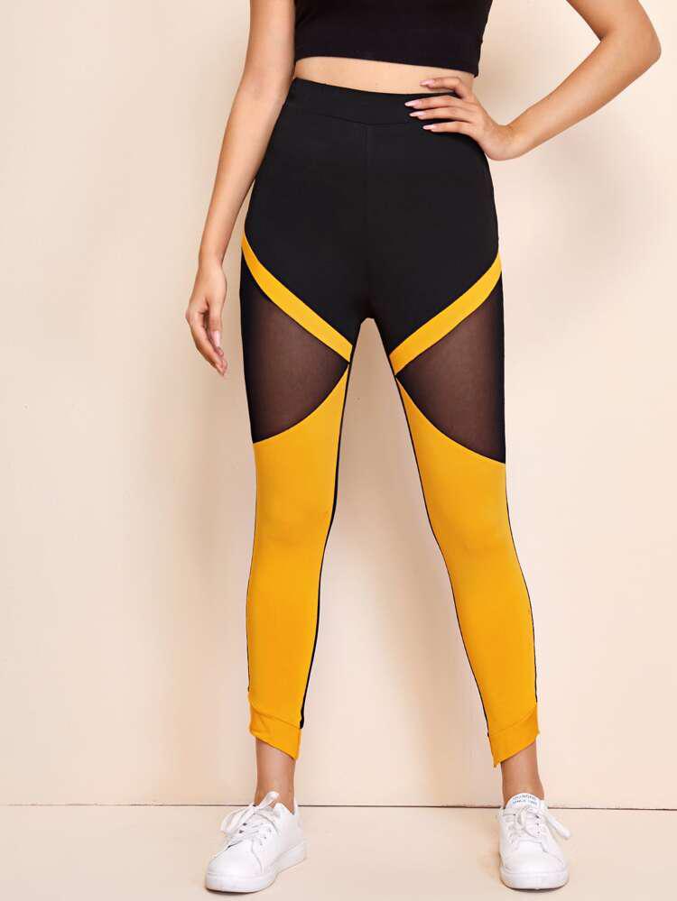 Colorblock Mesh Panel Leggings freeshipping - Kendiee