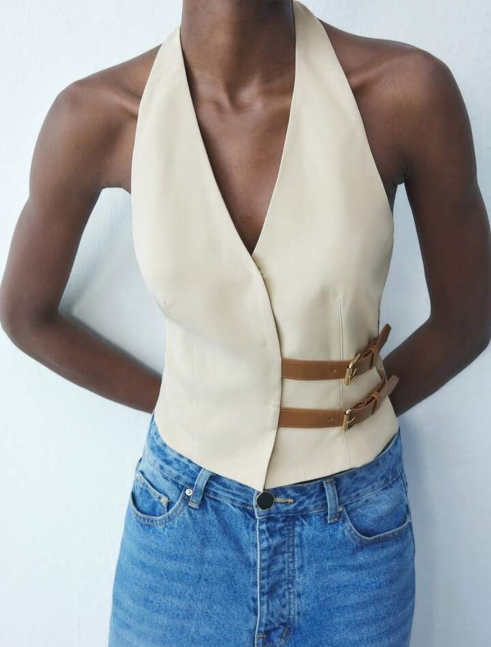 V-Neck Leather Accent Sleeveless Top