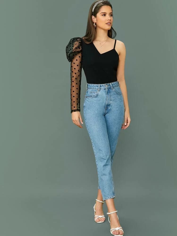 Asymmetrical Neck Mesh Dot Sleeve Top freeshipping - Kendiee