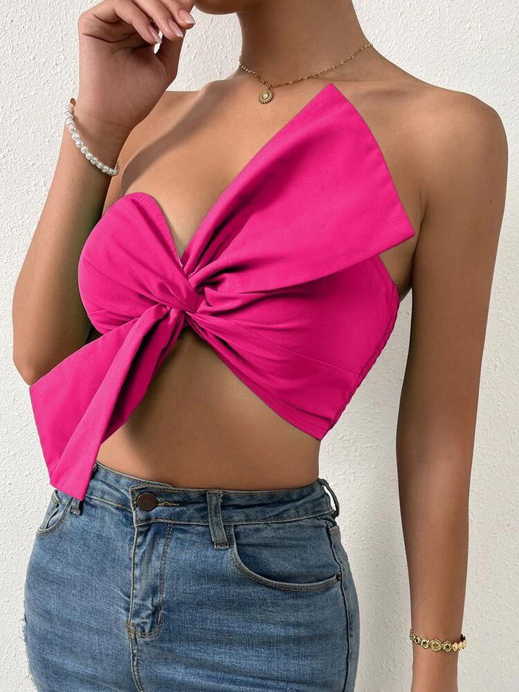 Shirred Back Ruched Bow Front Crop Tube Top