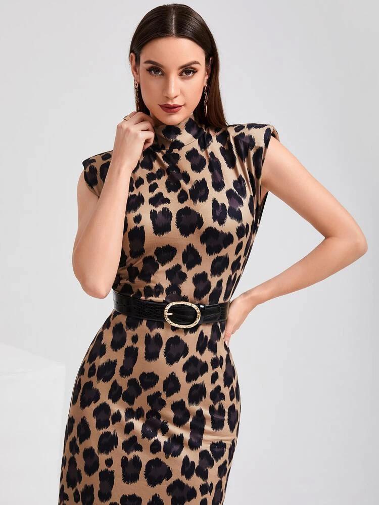 Leopard Print Shoulder Pad Split Back Bodycon Dress Without Belt