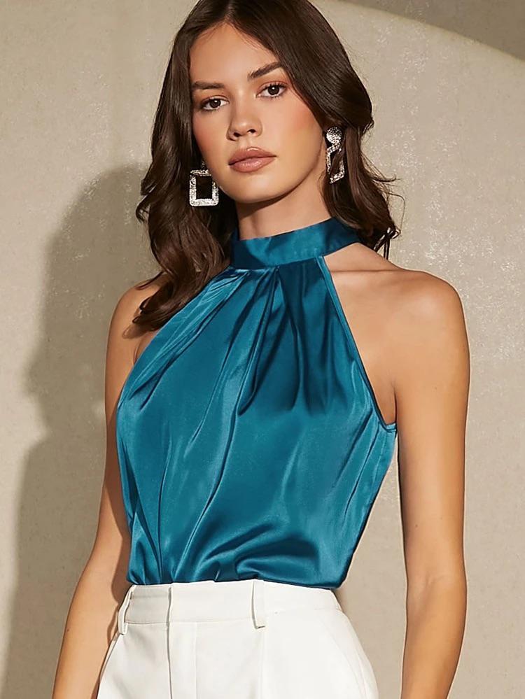 Kendiee Tie Back Satin Halter Top