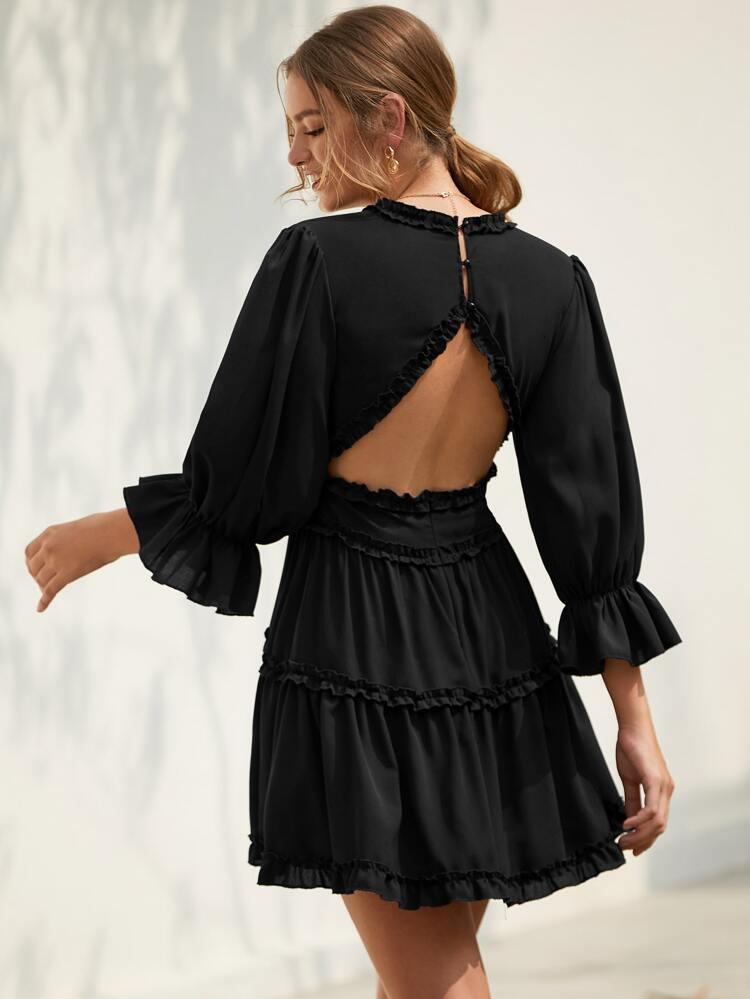 Open Back Frill Trim Dress freeshipping - Kendiee