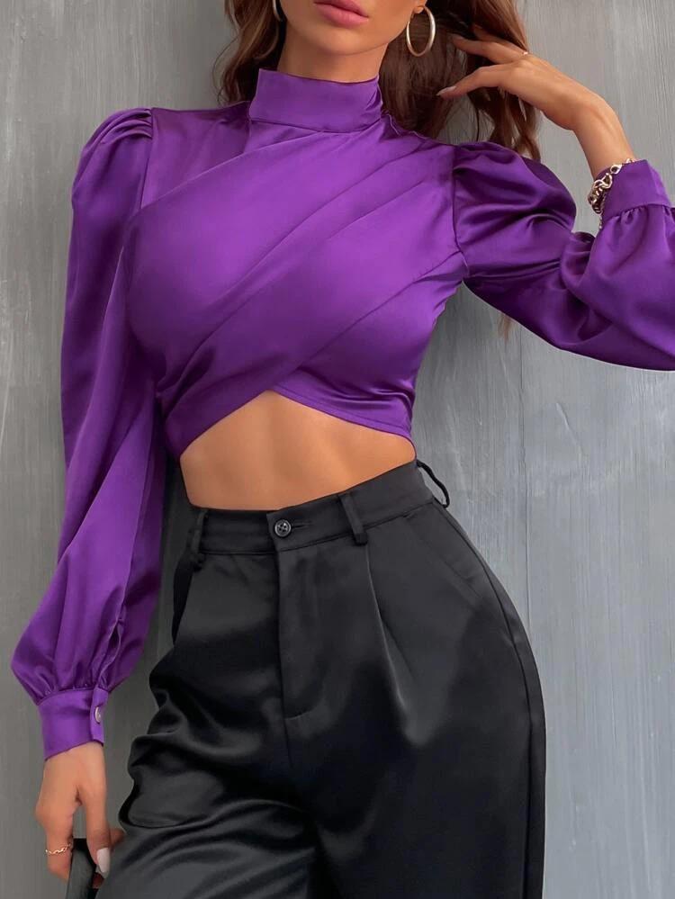 Solid Puff Sleeve Crop Blouse