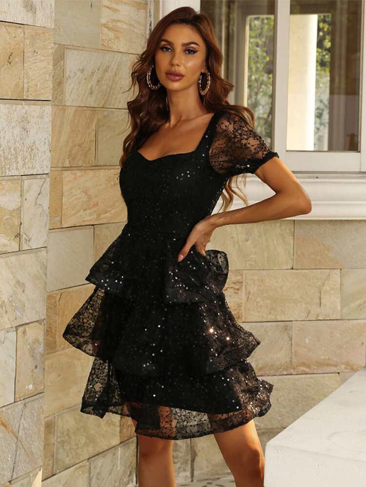 Layered Hem Sequin Dress freeshipping - Kendiee