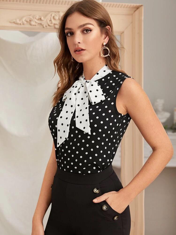 Tie Neck Polka Dot Sleeveless Blouse