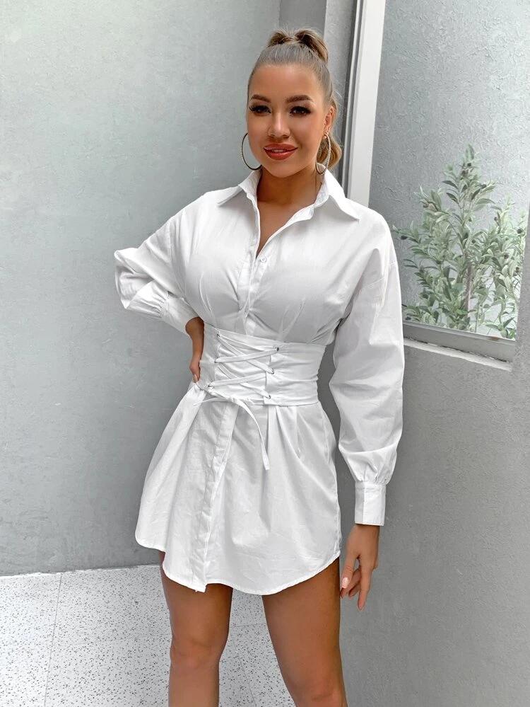 Lace Up Front Drop Shoulder Shirt Dress freeshipping - Kendiee