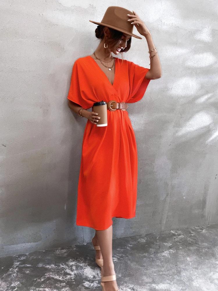 Solid Plunging Neck Dress Without Belt freeshipping - Kendiee