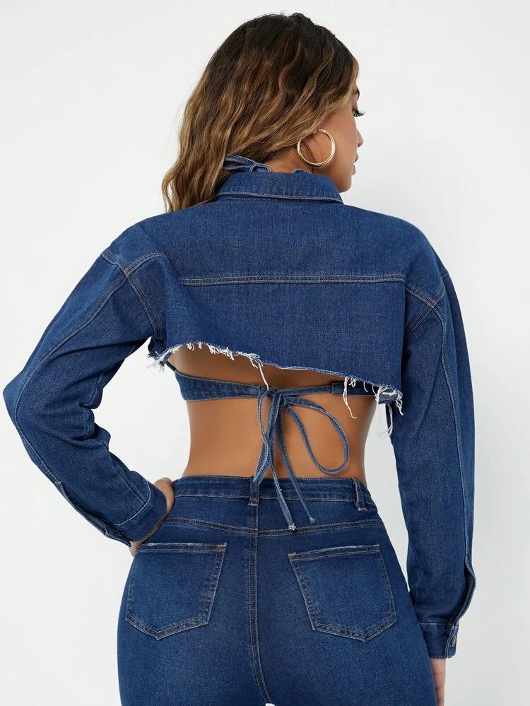 Collared Button Front Raw Hem Denim Jacket with Denim Cami Top