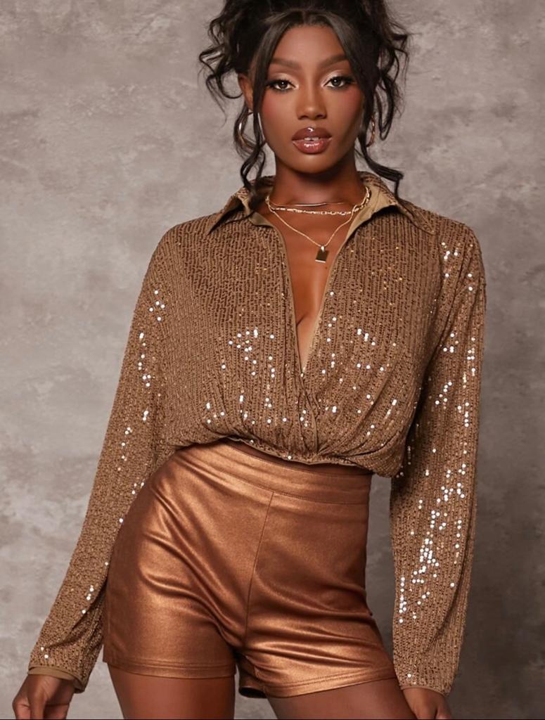 Plunging Collar Sequin Wrap Blouse