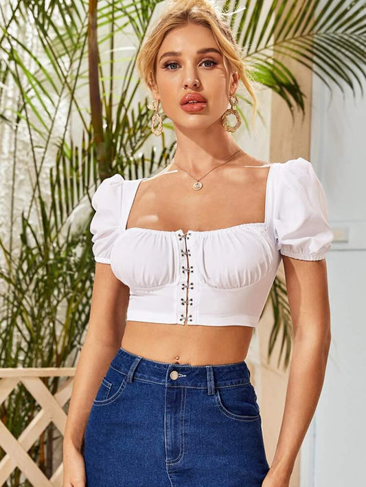 Puff Sleeve Hook & Eye Bustier Top freeshipping - Kendiee