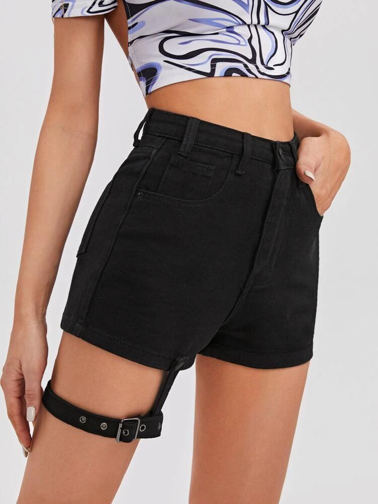 High Waist Strap Detail Denim Shorts freeshipping - Kendiee