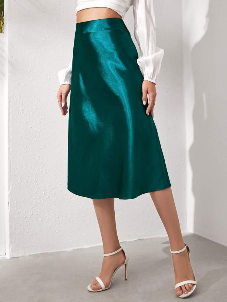 Solid Satin Midi Skirt freeshipping - Kendiee