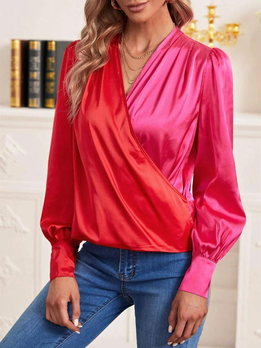 Lantern Sleeve Overlap Collar Satin Blouse