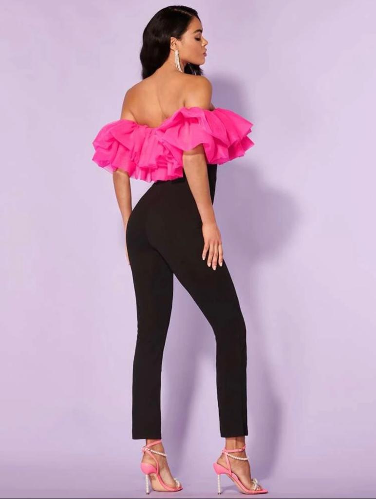 Off Shoulder Exaggerated Ruffle Trim Jumpsuit