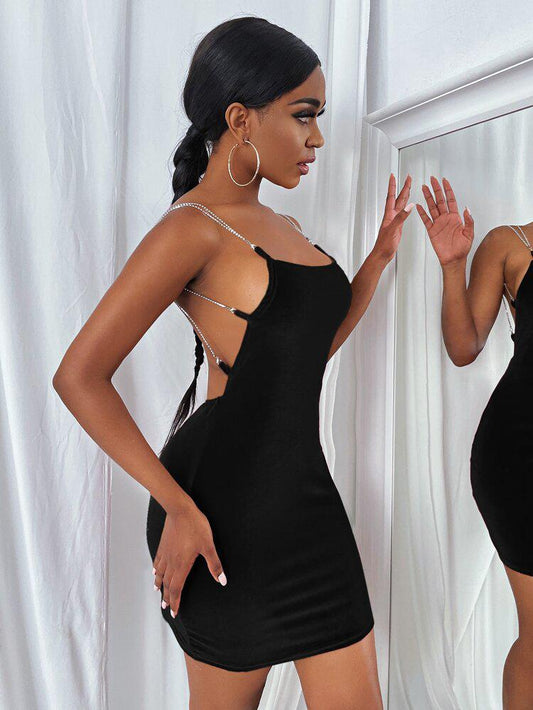 Velvet Chain Detail Backless Cami Dress freeshipping - Kendiee